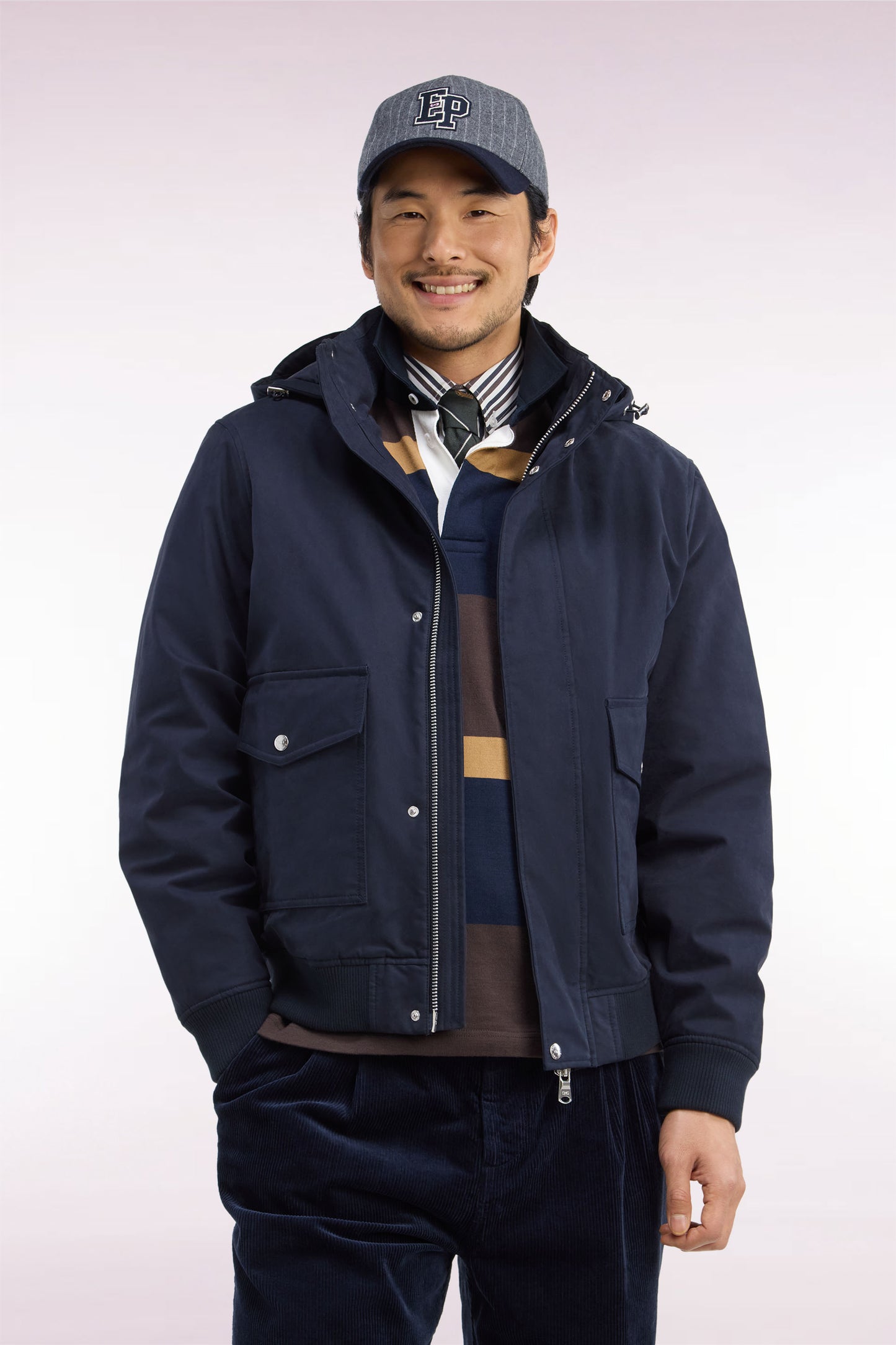 Blouson bimatière marine à capuche amovible coupe droite
