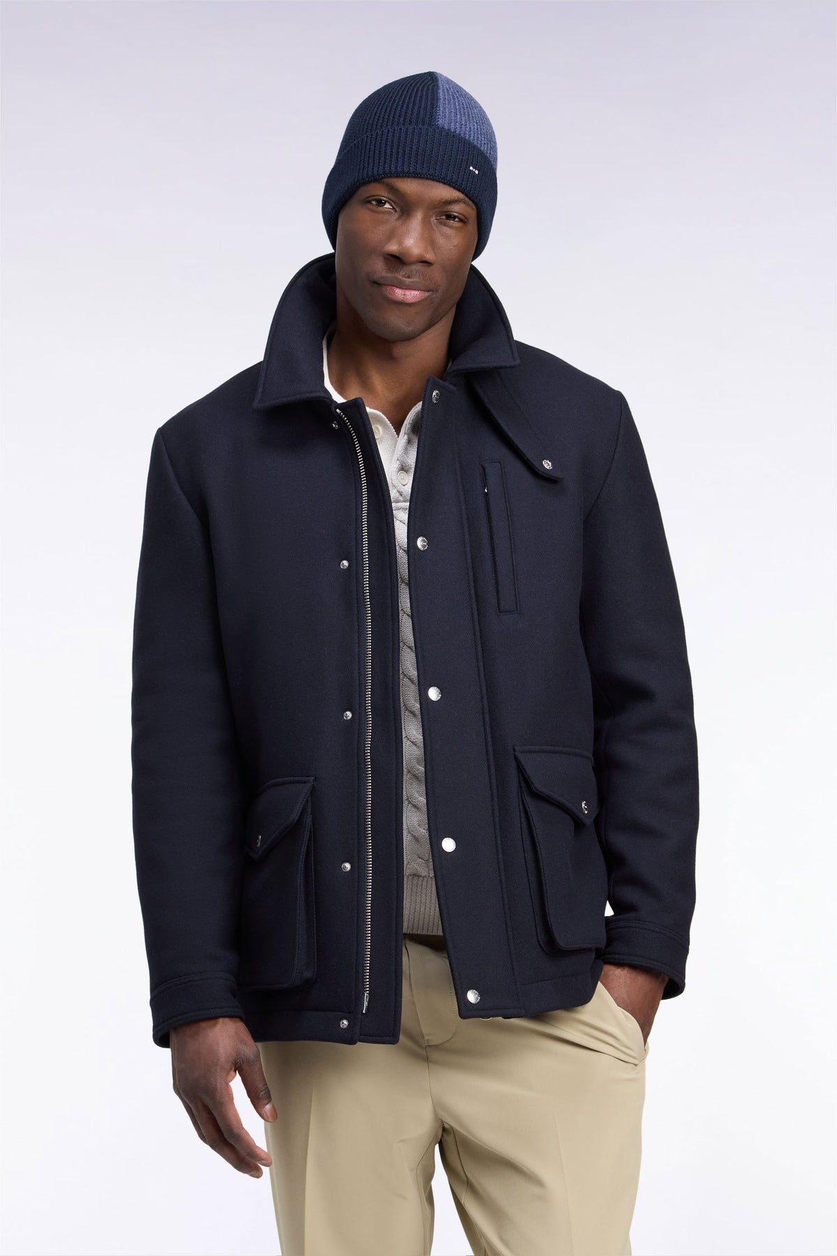 Short straight cut navy flannel parka
