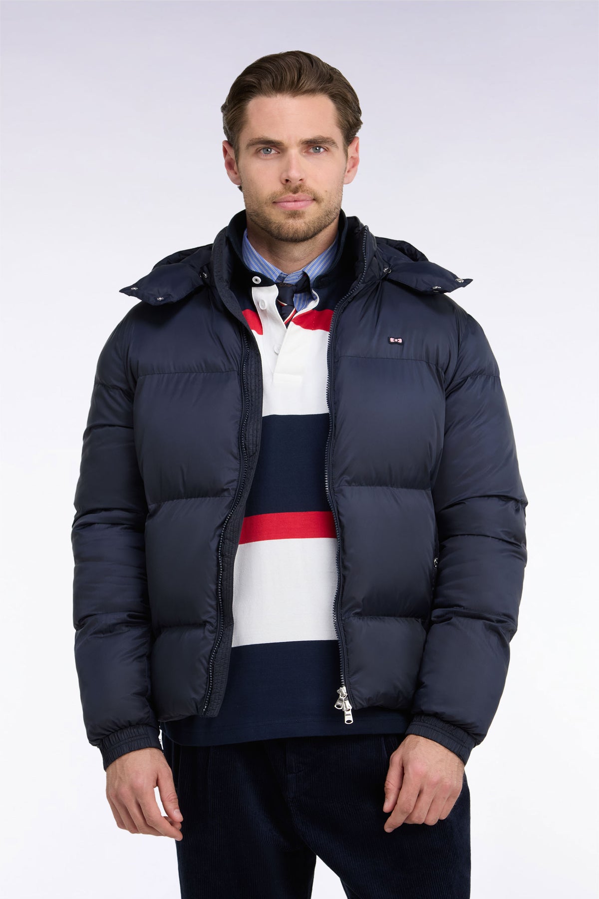 Navy nylon down jacket with removable hood
