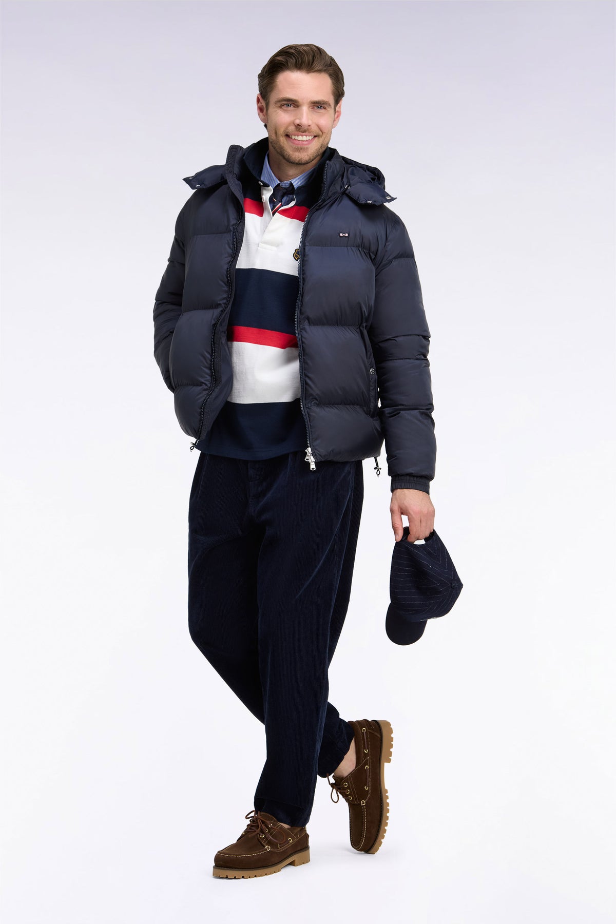 Navy nylon down jacket with removable hood