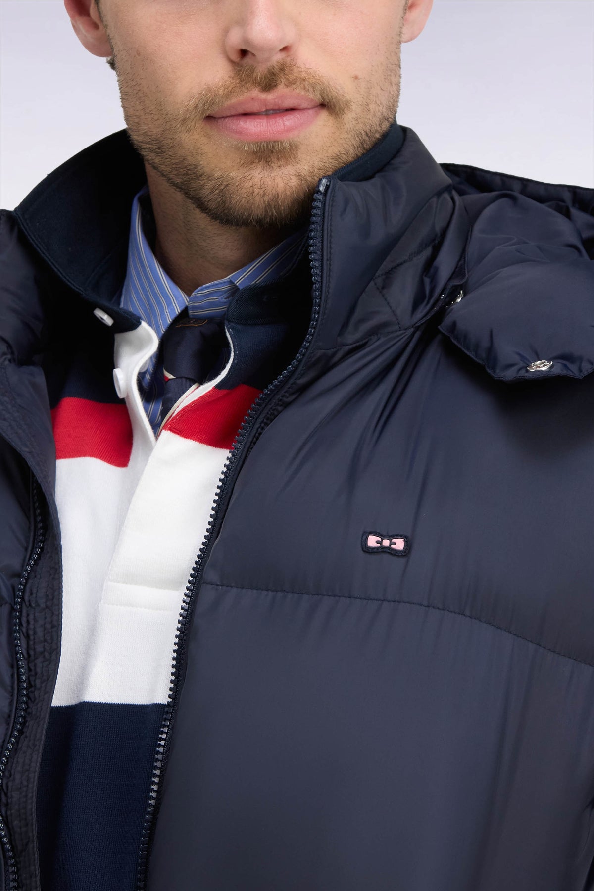 Navy nylon down jacket with removable hood