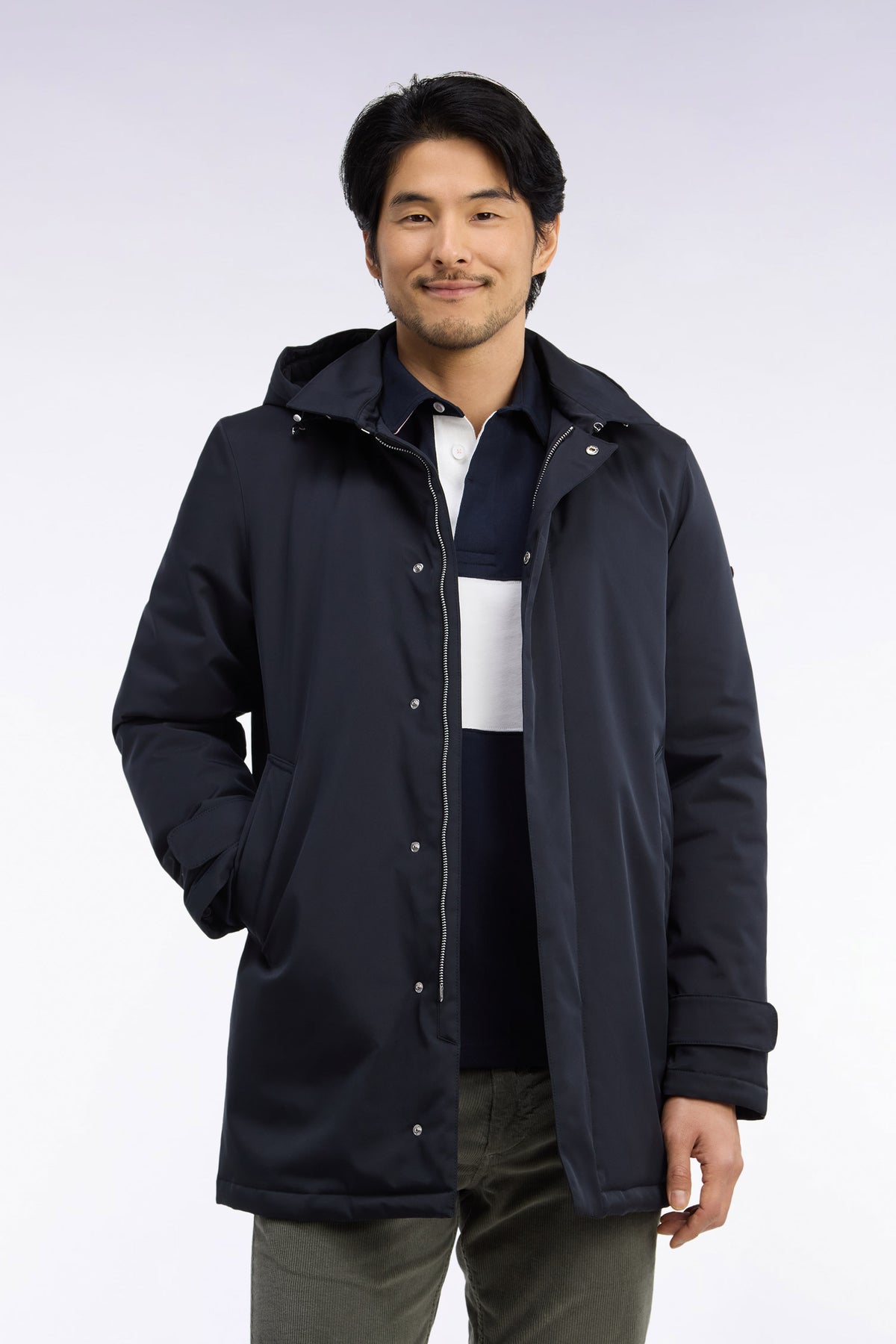 Black nylon raincoat with removable hood