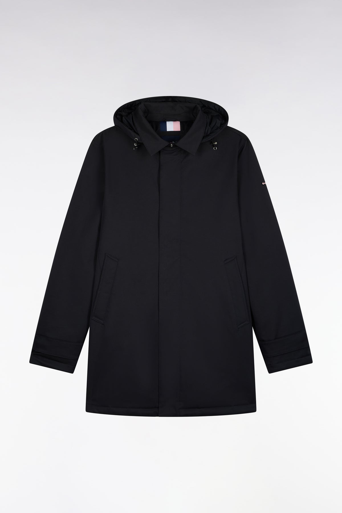 Black nylon raincoat with removable hood