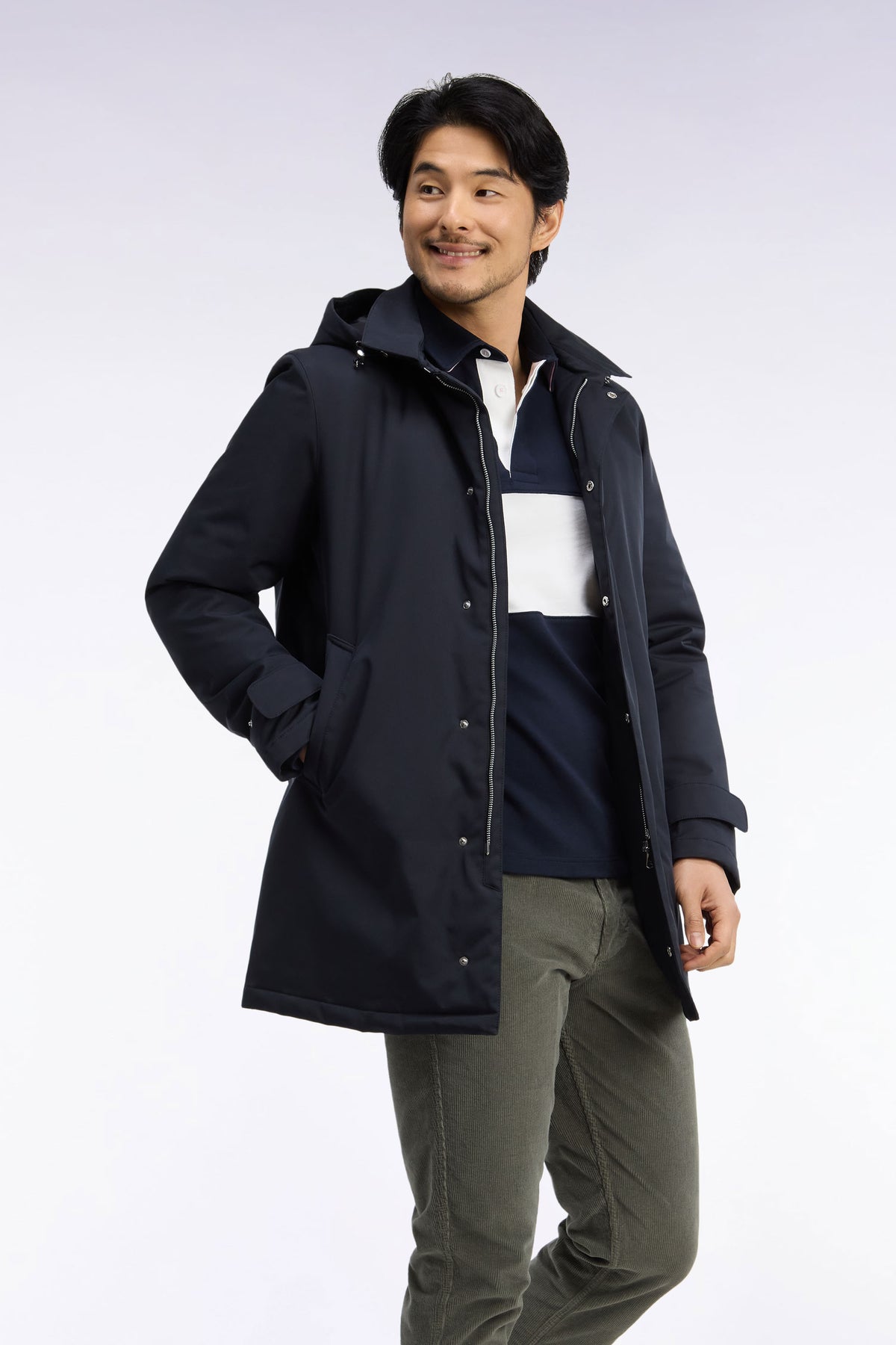 Black nylon raincoat with removable hood