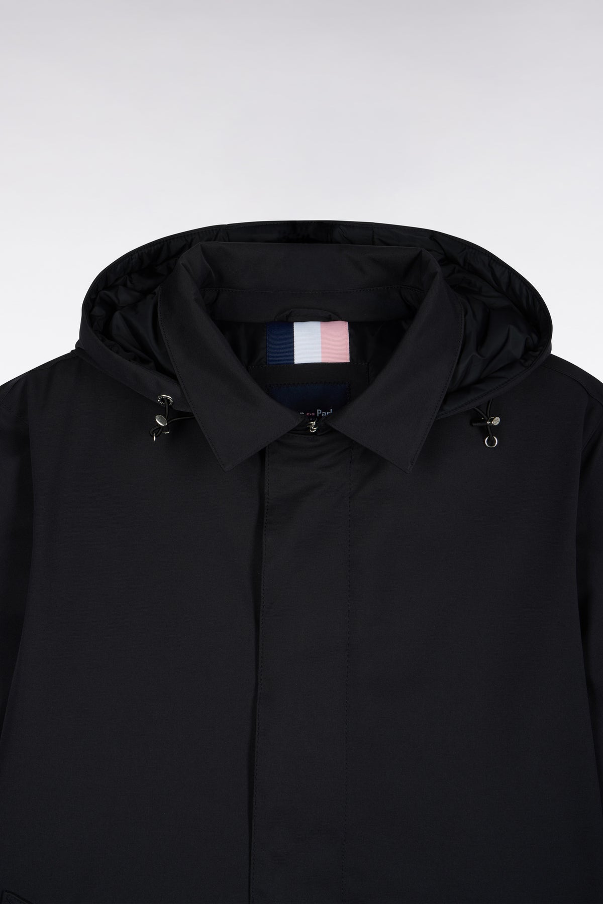 Black nylon raincoat with removable hood