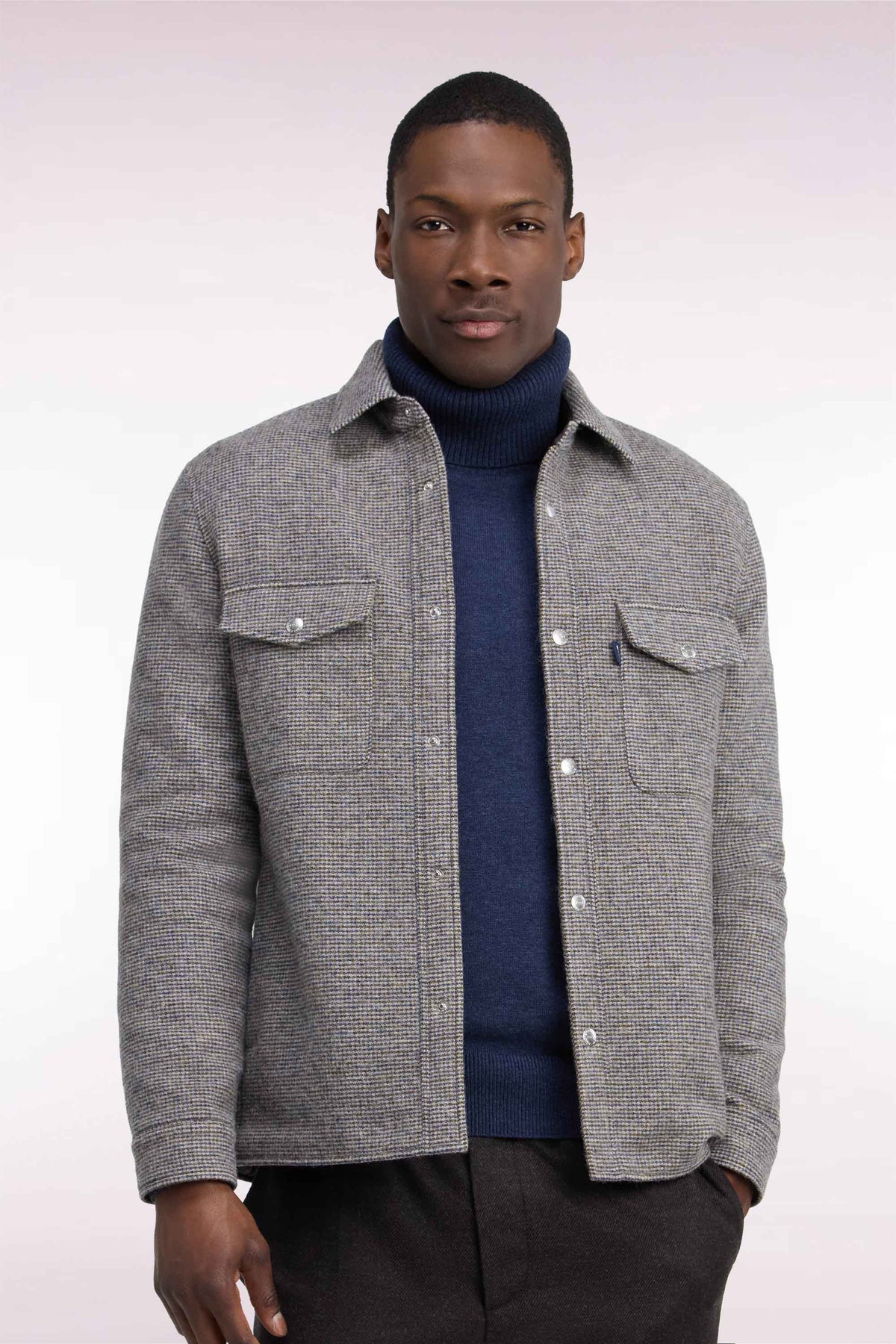 Beige houndstooth tweed wool overshirt