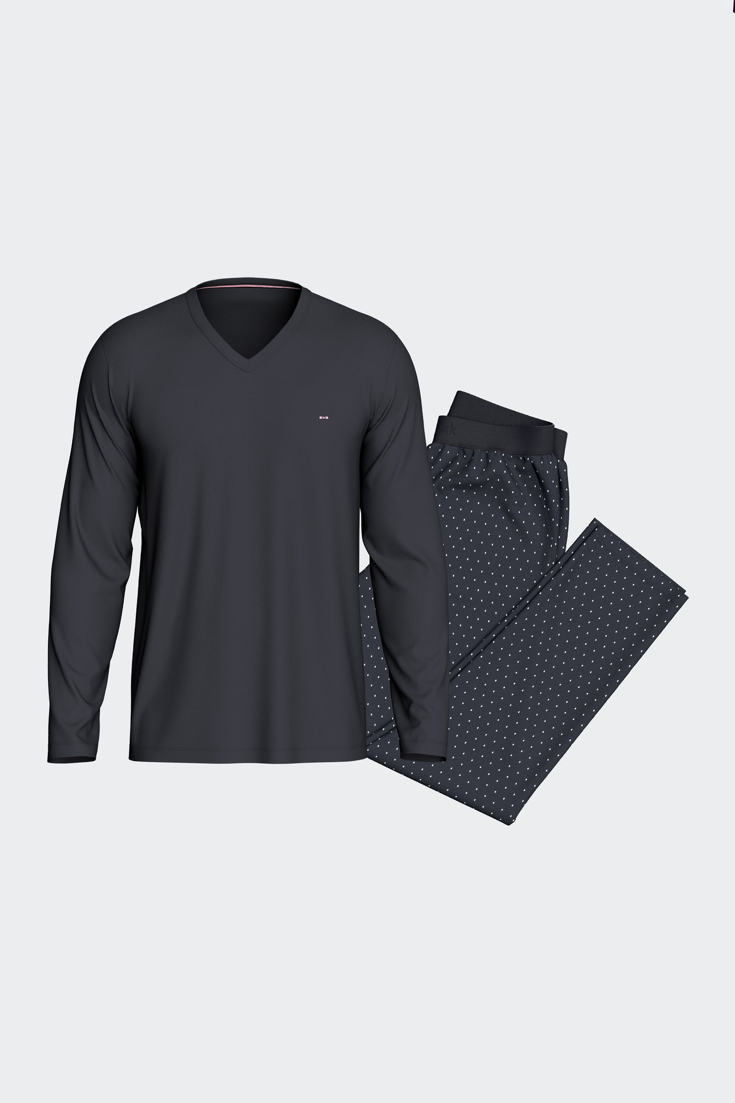Ensemble pyjama long en coton T-shirt uni marine et pantalon imprimé pois
