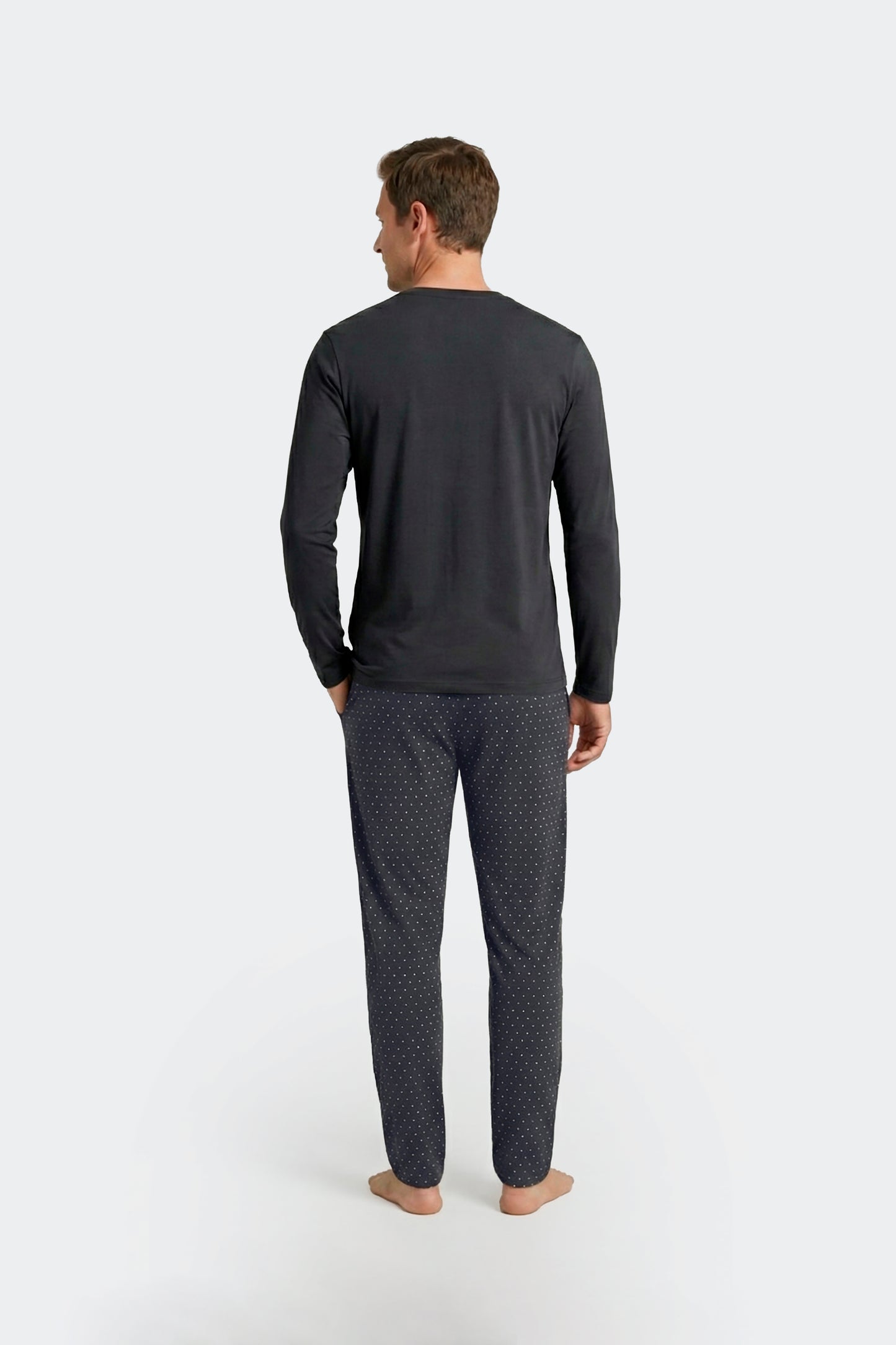 Ensemble pyjama long en coton T-shirt uni marine et pantalon imprimé pois