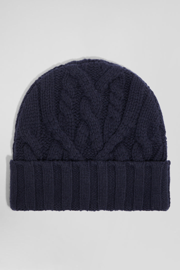 Navy blue cable knitted wool beanie