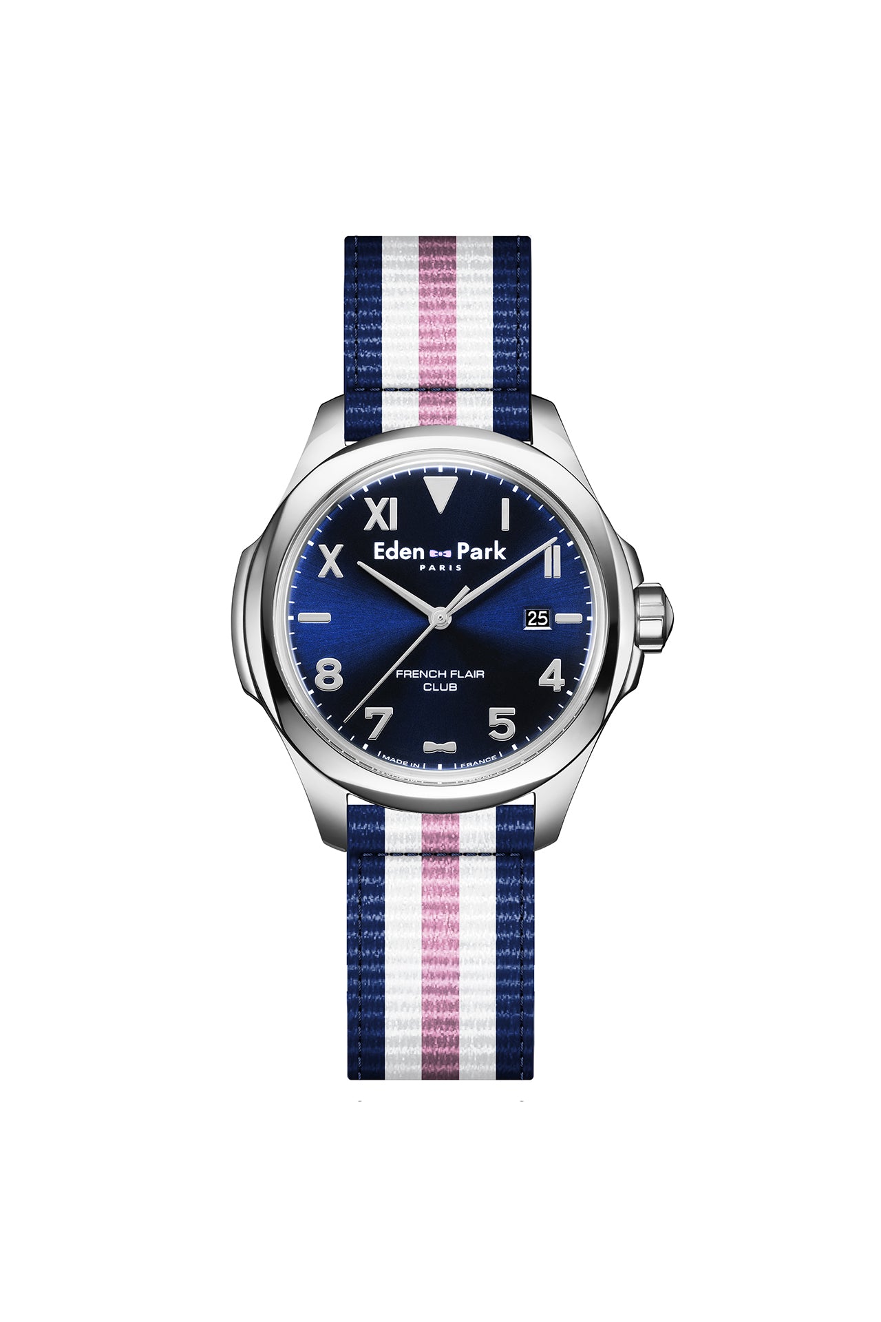 Quartz watch with blue background and three-tone NATO strap