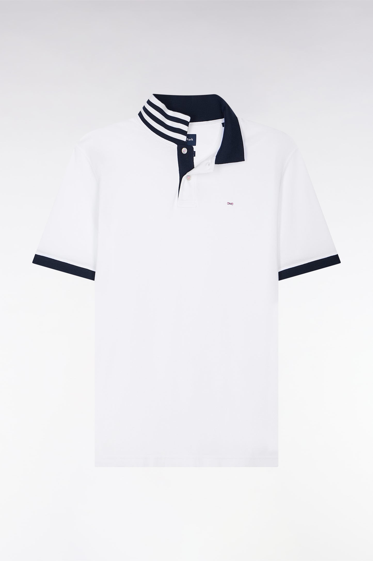 White pima cotton polo with contrasting accents