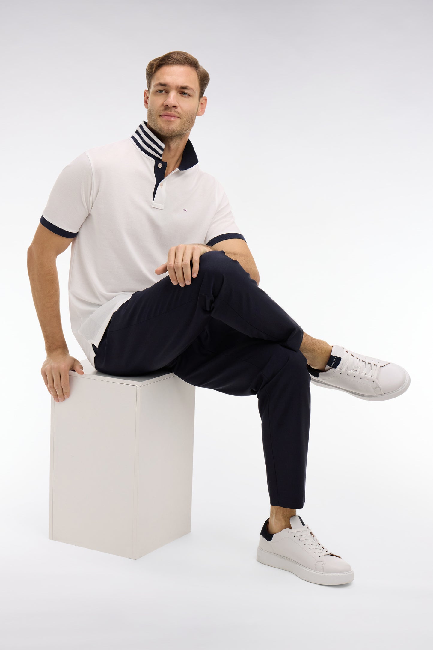White pima cotton polo with contrasting accents