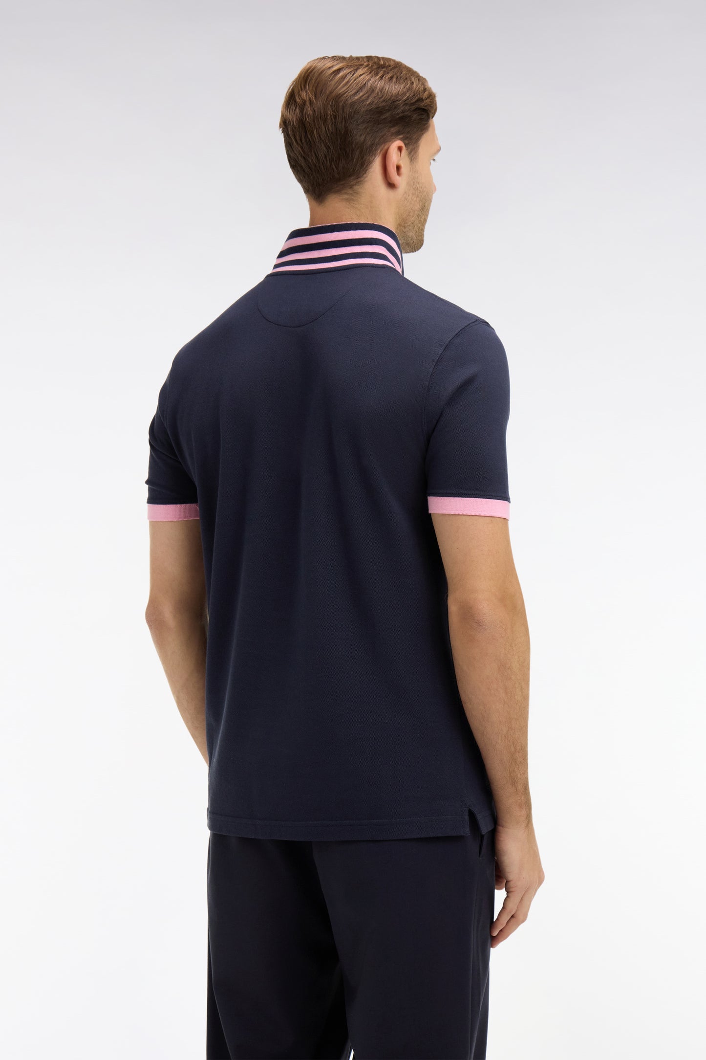 Navy blue pima cotton polo with contrasting accents
