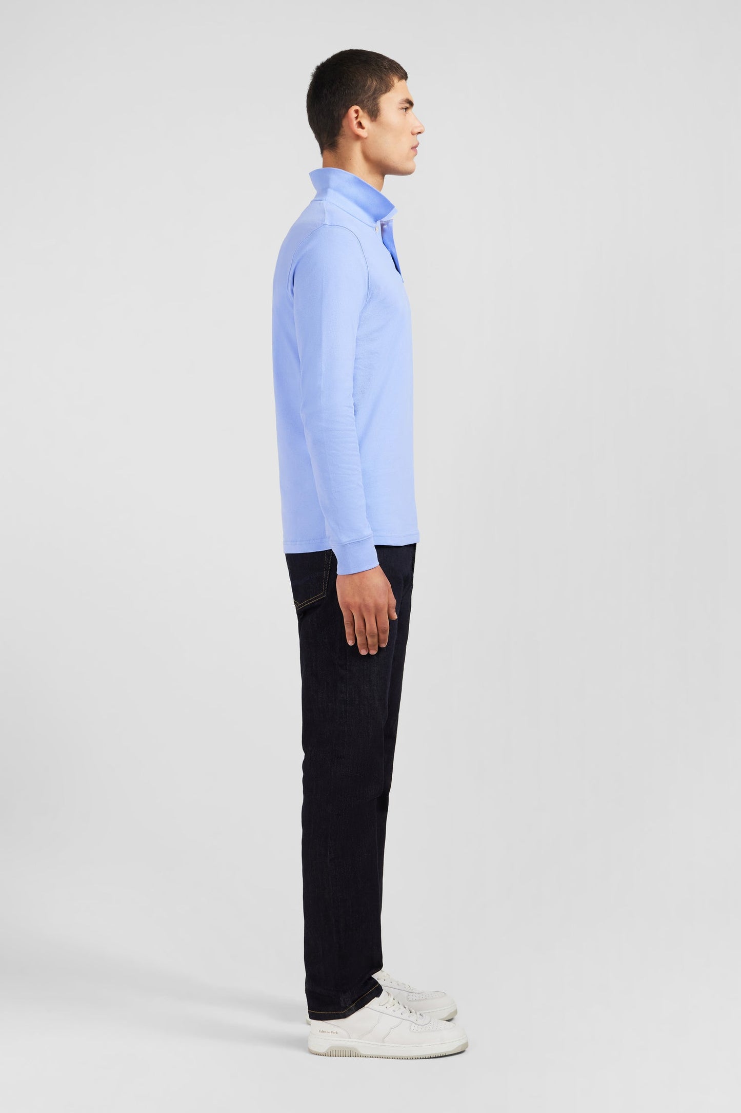 Polo manches longues bleu uni en piqué de coton stretch - Image 6
