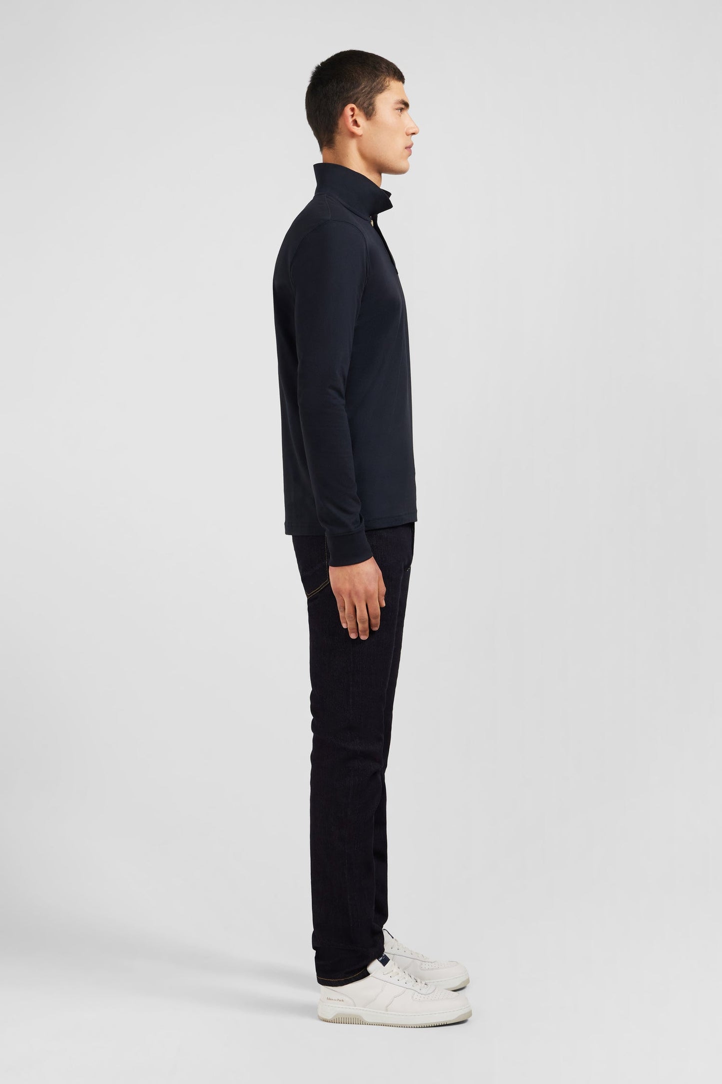 Polo manches longues noir uni en piqué de coton stretch - Image 6