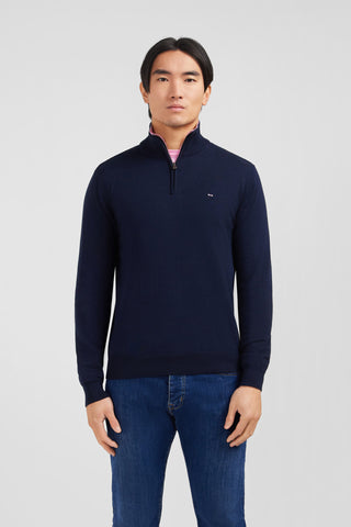 Navy blue cotton jersey jumper with trucker neck
