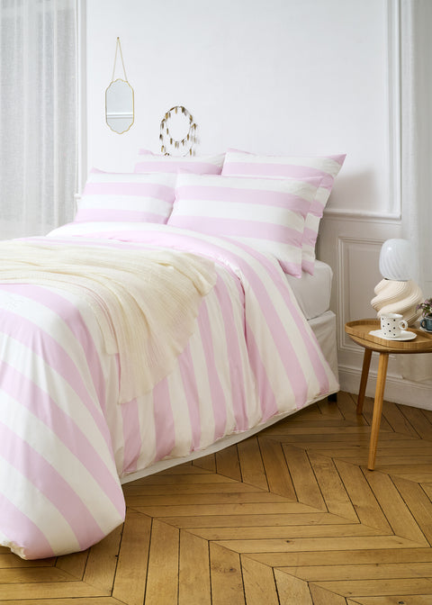 Comforter cover in white cotton percale with pink stripes - Image 1