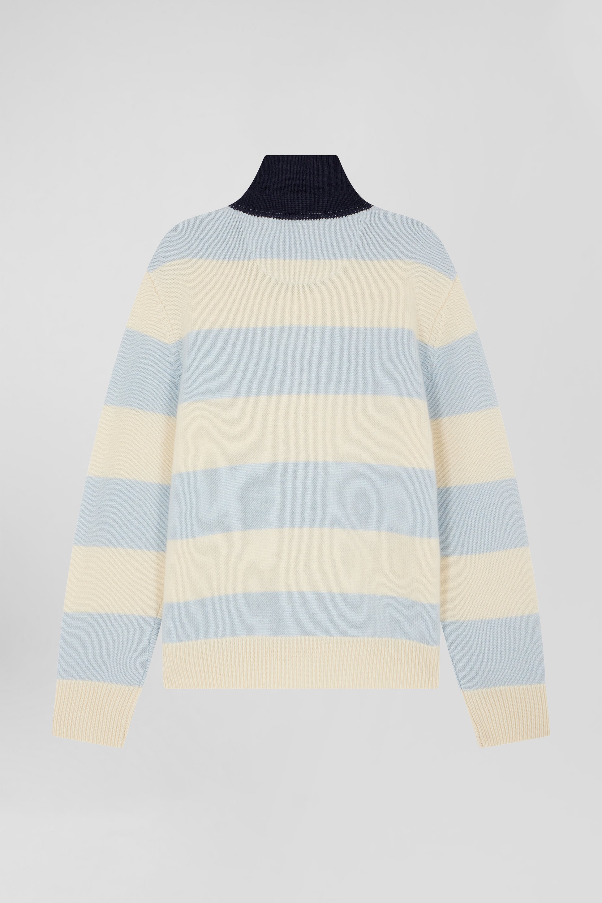 Pull col polo en laine et cachemire rayé bleu et écru