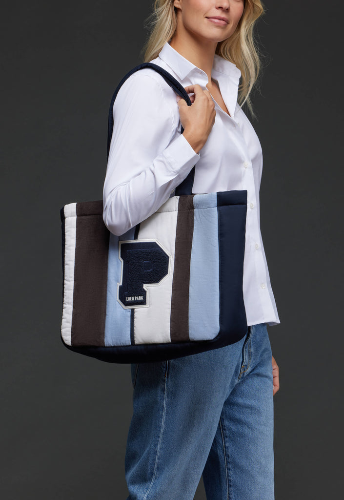 Pap'Atelier upcycled blue striped velvet tote bag