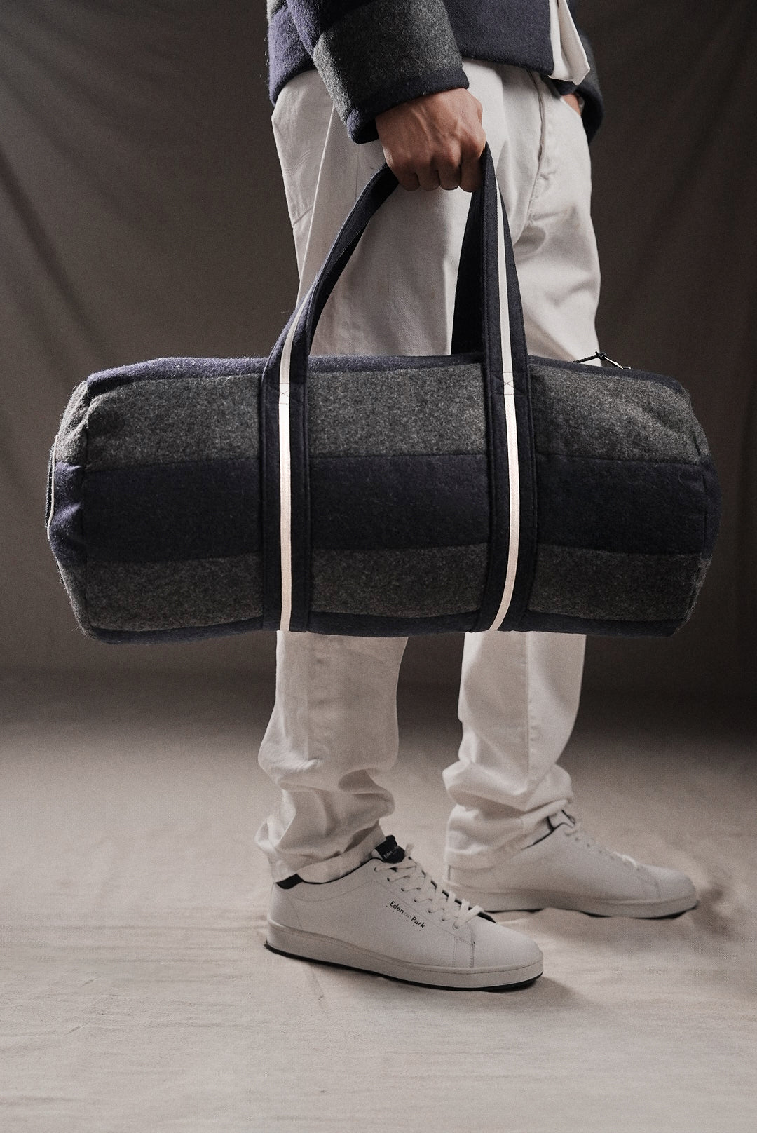 PAP'Atelier quilted duffle bag in grey and navy stripes