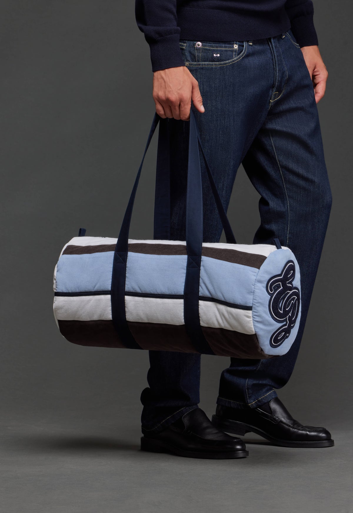 Upcycled blue striped velvet duffel bag Pap'Atelier