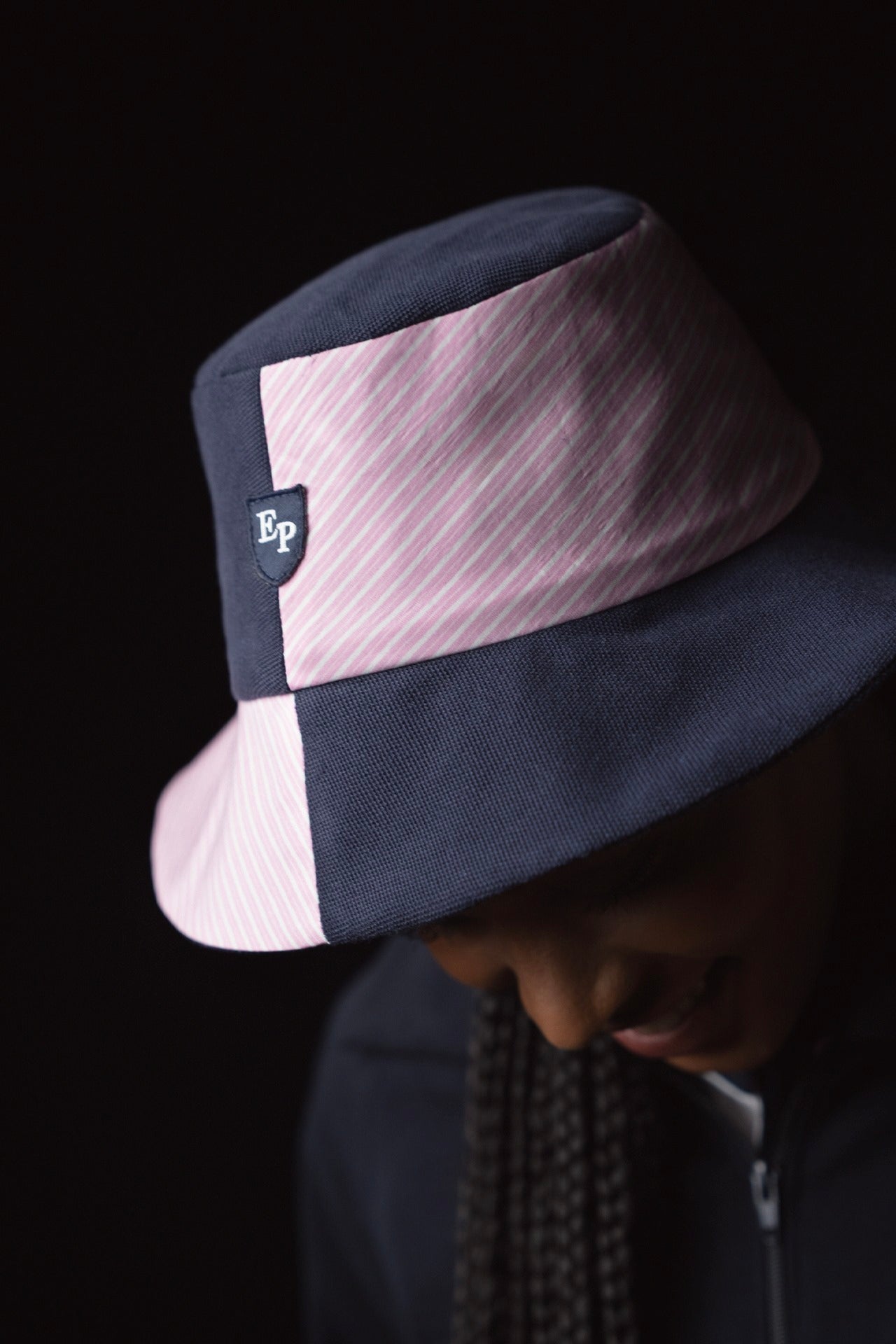 Two-tone cut and sewn pink and navy bob with EP Pap'atelier crest