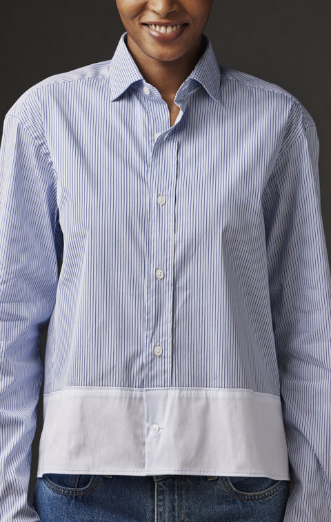 Upcycled blue and white striped cotton shirt Pap'Atelier - Image 3