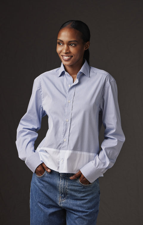 Upcycled blue and white striped cotton shirt Pap'Atelier - Image 1