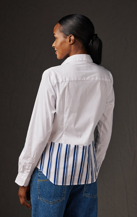 Pap'Atelier upcycled white cotton poplin and striped patchwork shirt - Image 2