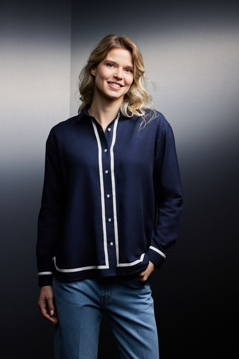 Navy cotton shirt with ecru braids upcycled Pap'Atelier - Image 1