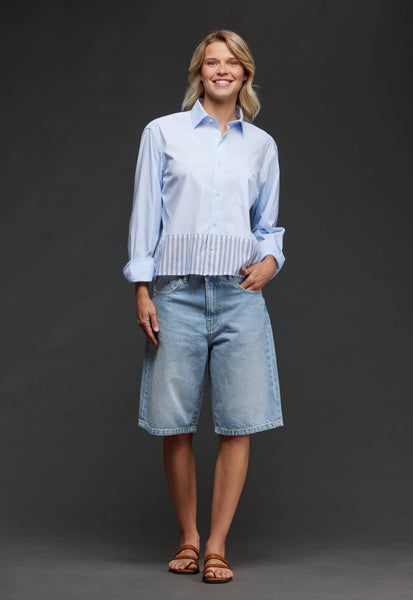 Upcycled sky cotton shirt with striped yoke Pap'Atelier