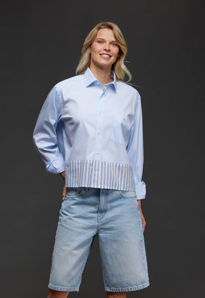Upcycled sky cotton shirt with striped yoke Pap'Atelier