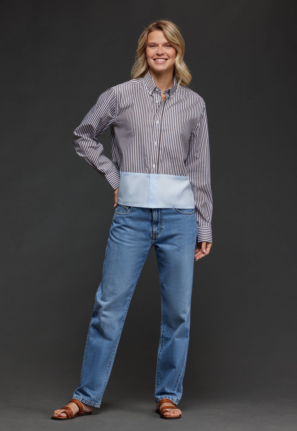 Brown striped cotton shirt with sky yoke upcycled Pap'Atelier