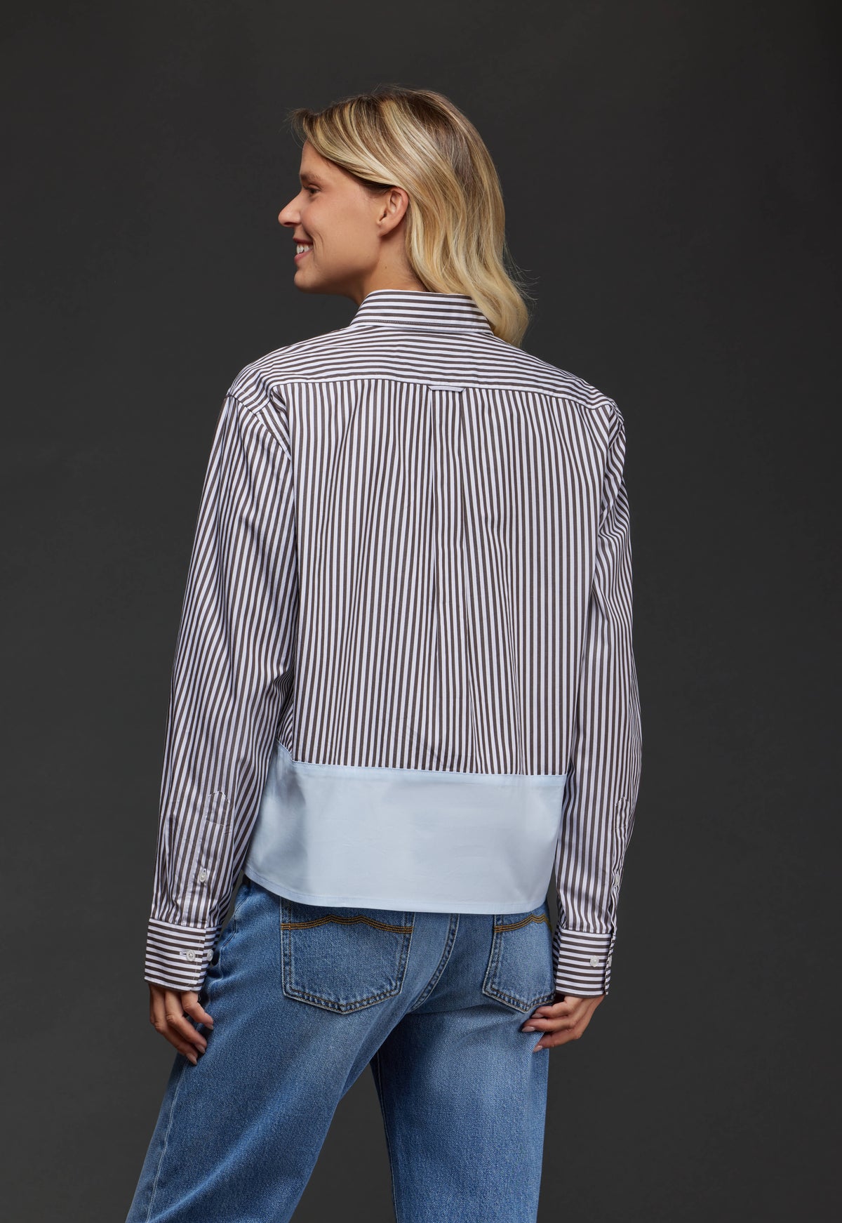Brown striped cotton shirt with sky yoke upcycled Pap'Atelier