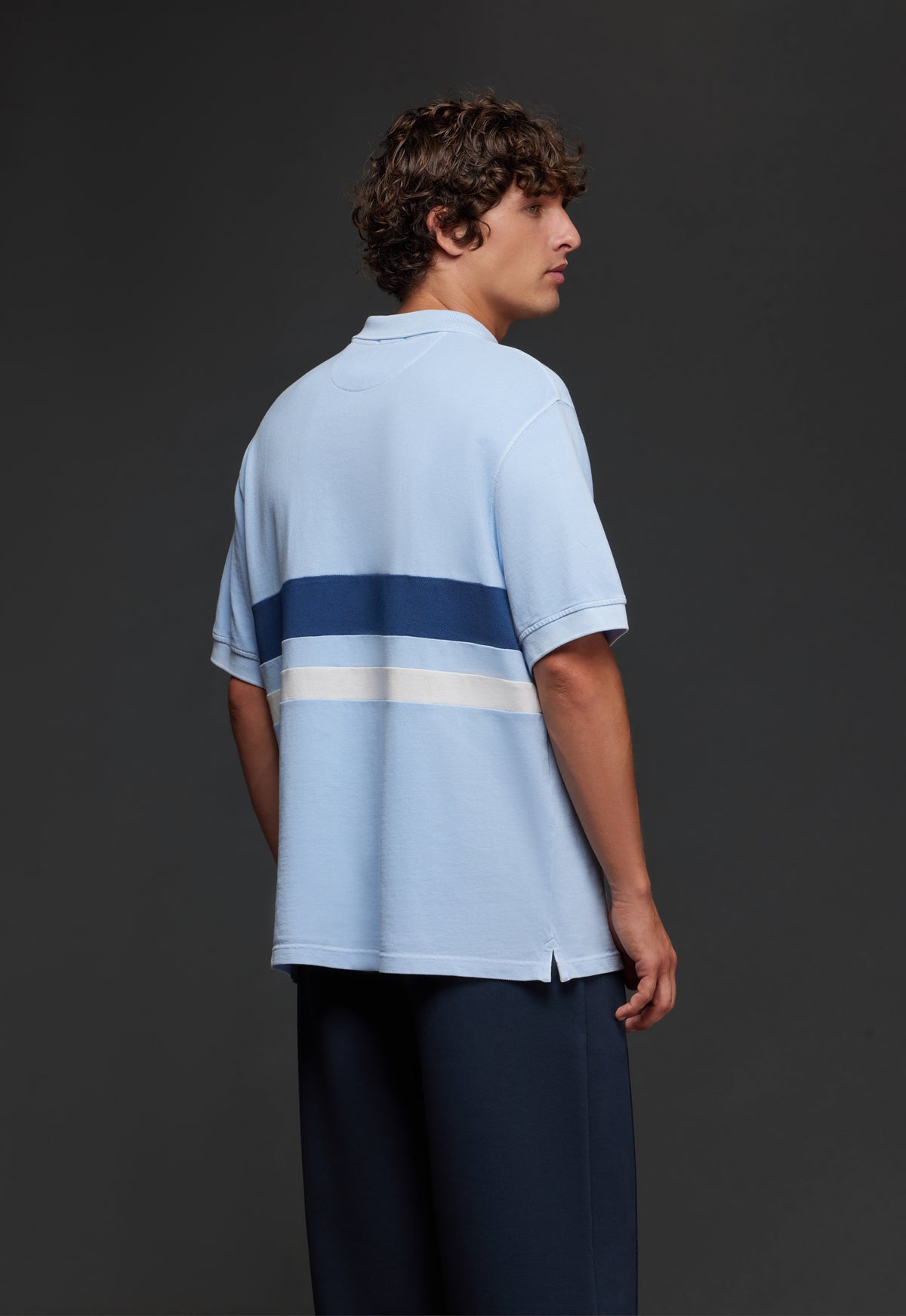 Pap'Atelier upcycled cut and sew striped sky cotton polo shirt