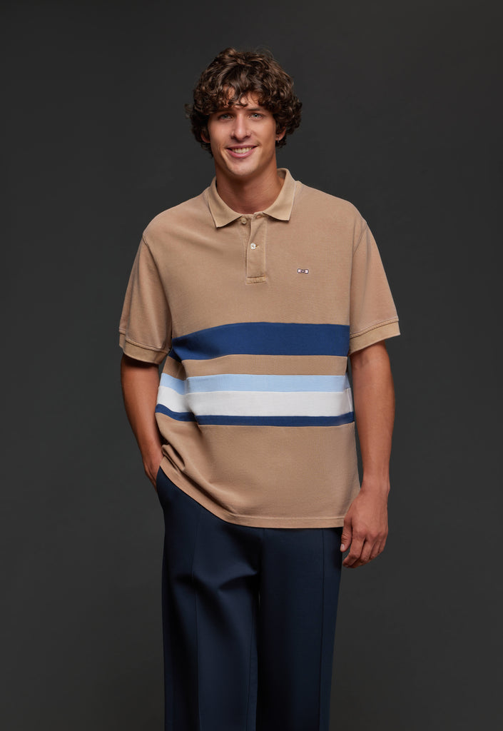 Camel striped cotton polo shirt cut and sewn upcycled Pap'Atelier