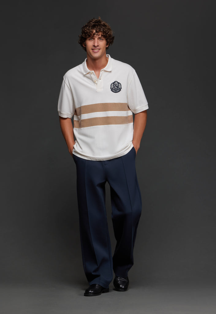 Ecru cotton polo shirt with camel stripes cut and sewn upcycled Pap'Atelier