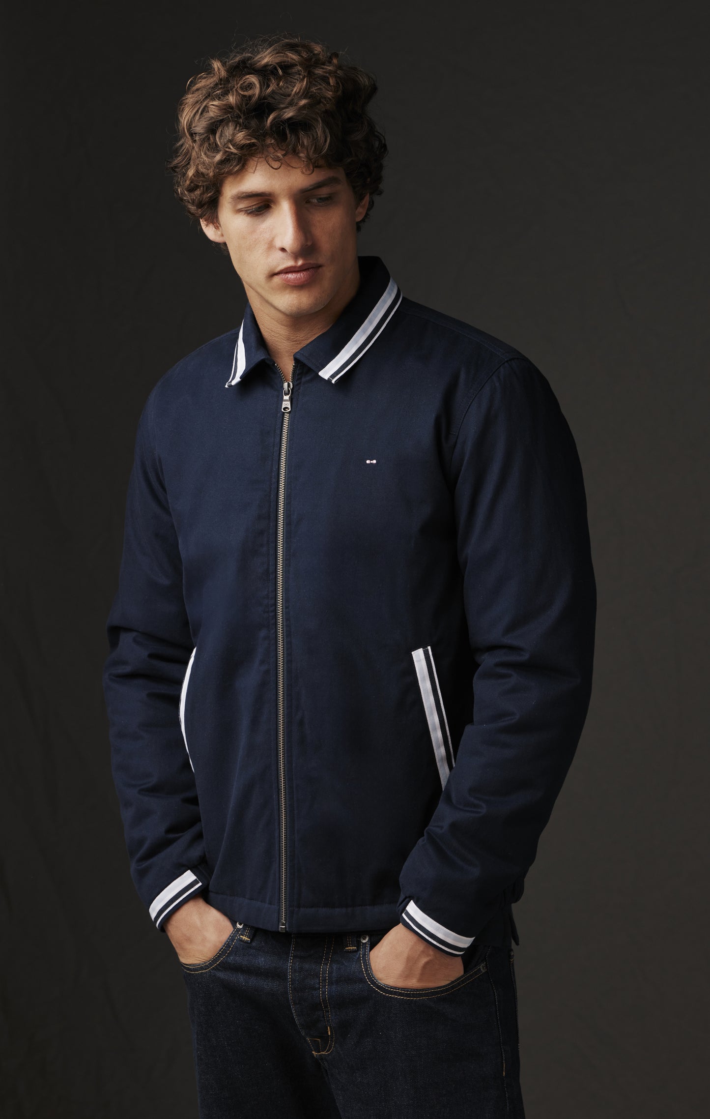 Blouson en coton marine à détails rayés upcyclé Pap'Atelier