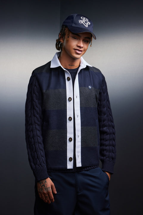 Gilet sans manches à rayures marine et grises et col maillot upcyclé Pap'Atelier - Image 1