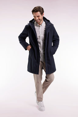 Long navy nylon parka with integrated hood - Image 3
