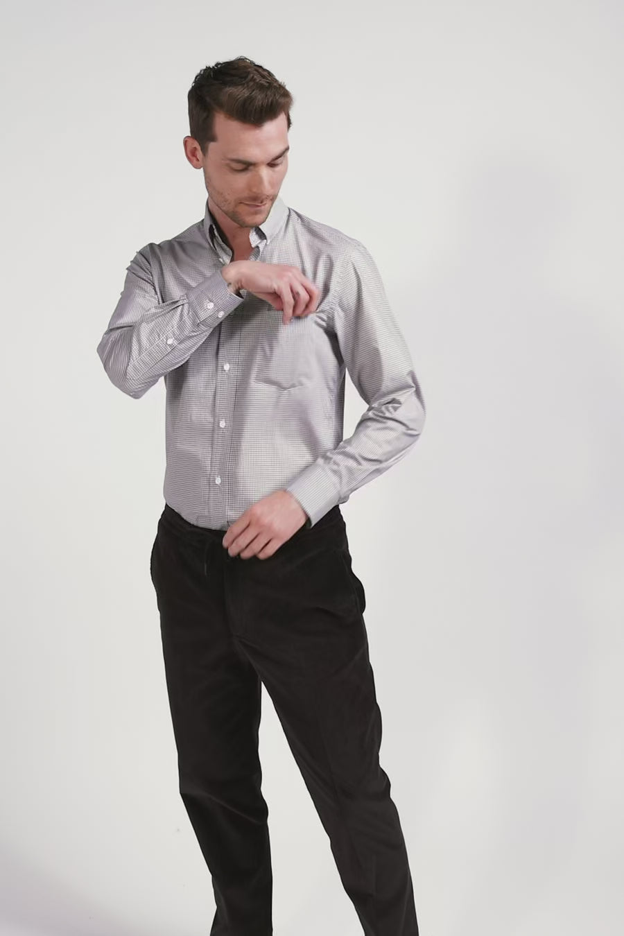 Regular greige cotton shirt with micro checks