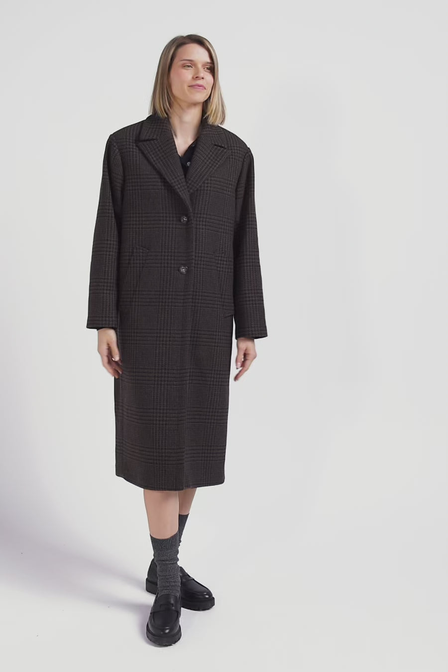 Regular brown checkered wool blend coat