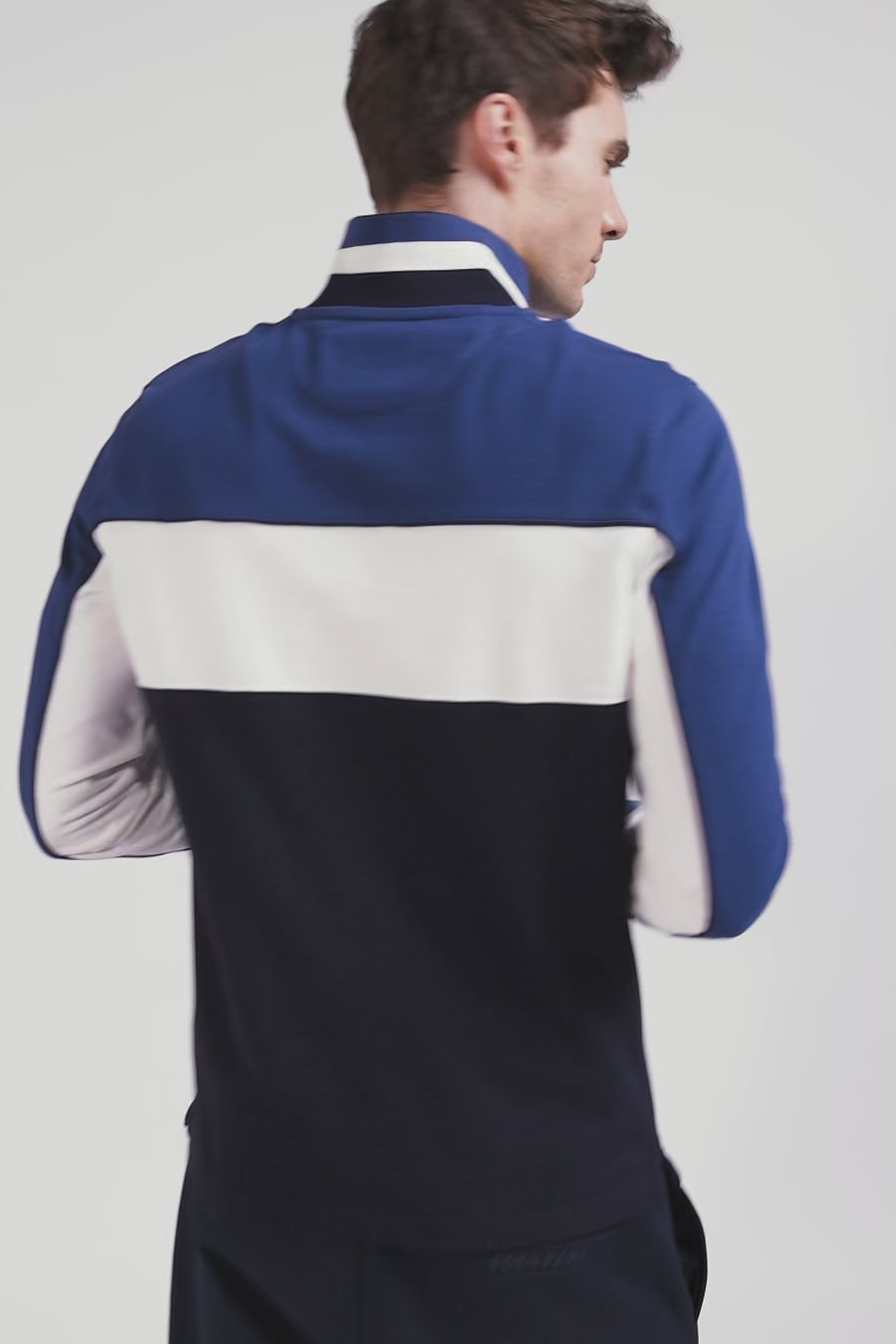 Polo manches longues tricolore en piqué coton bleu coupe Regular