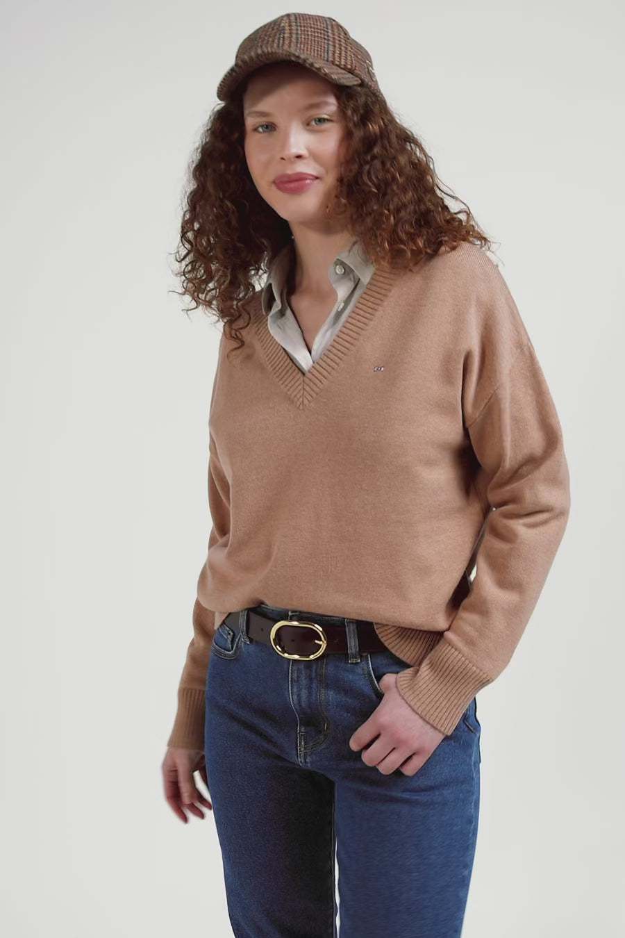 Relax camel wool and cotton V-neck jumper