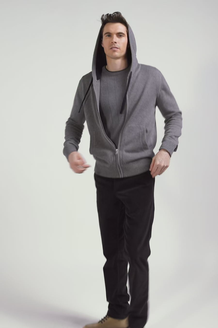 Regular grey wool and cotton knitted zip-up jumper