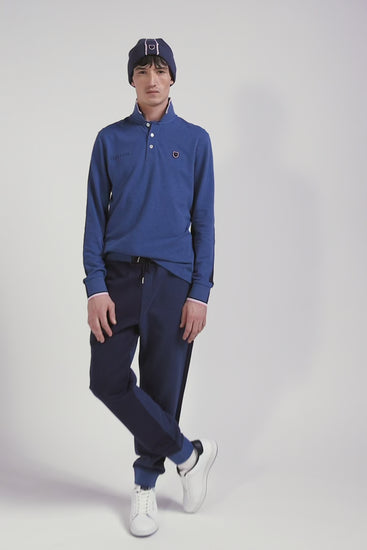 Polo manches longues en piqué coton bleu foncé détails tricolores coupe Regular