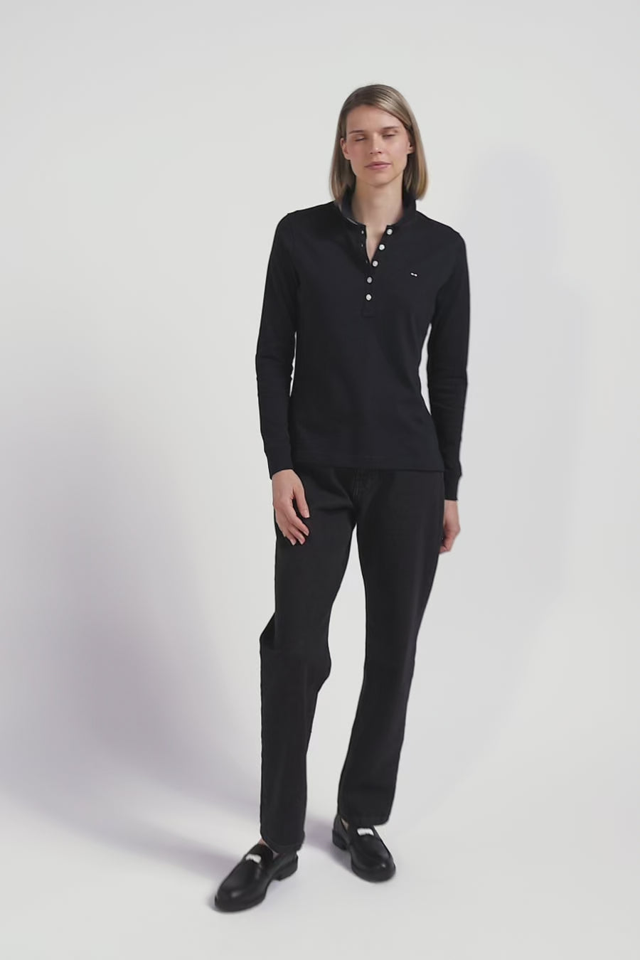 Slim black long-sleeved stretch cotton polo shirt with striped collar