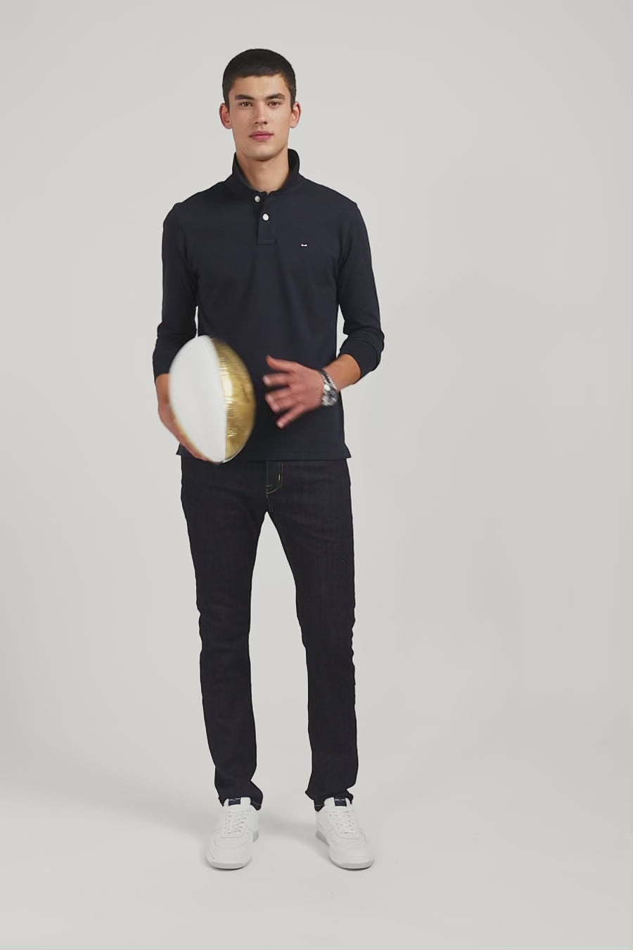 Black cotton polo with contrasting neck