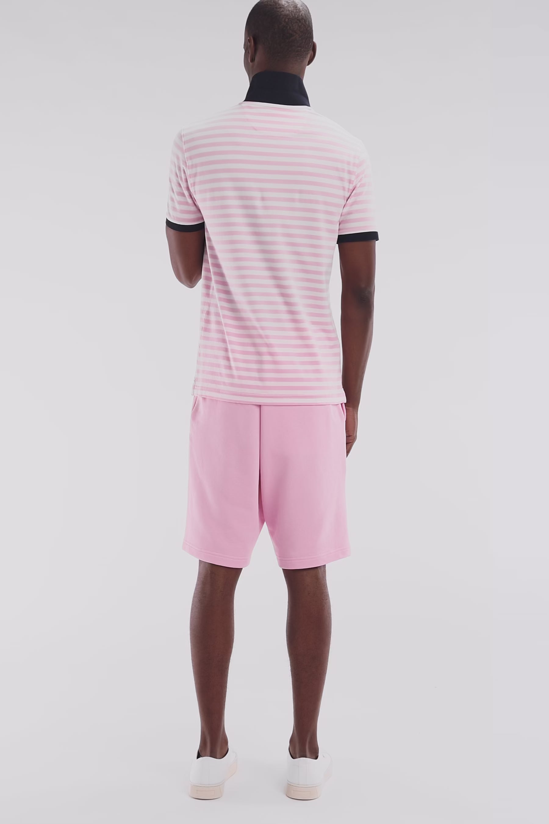 Polo marinière à manches courtes en coton stretch rayé rose coupe ajustée