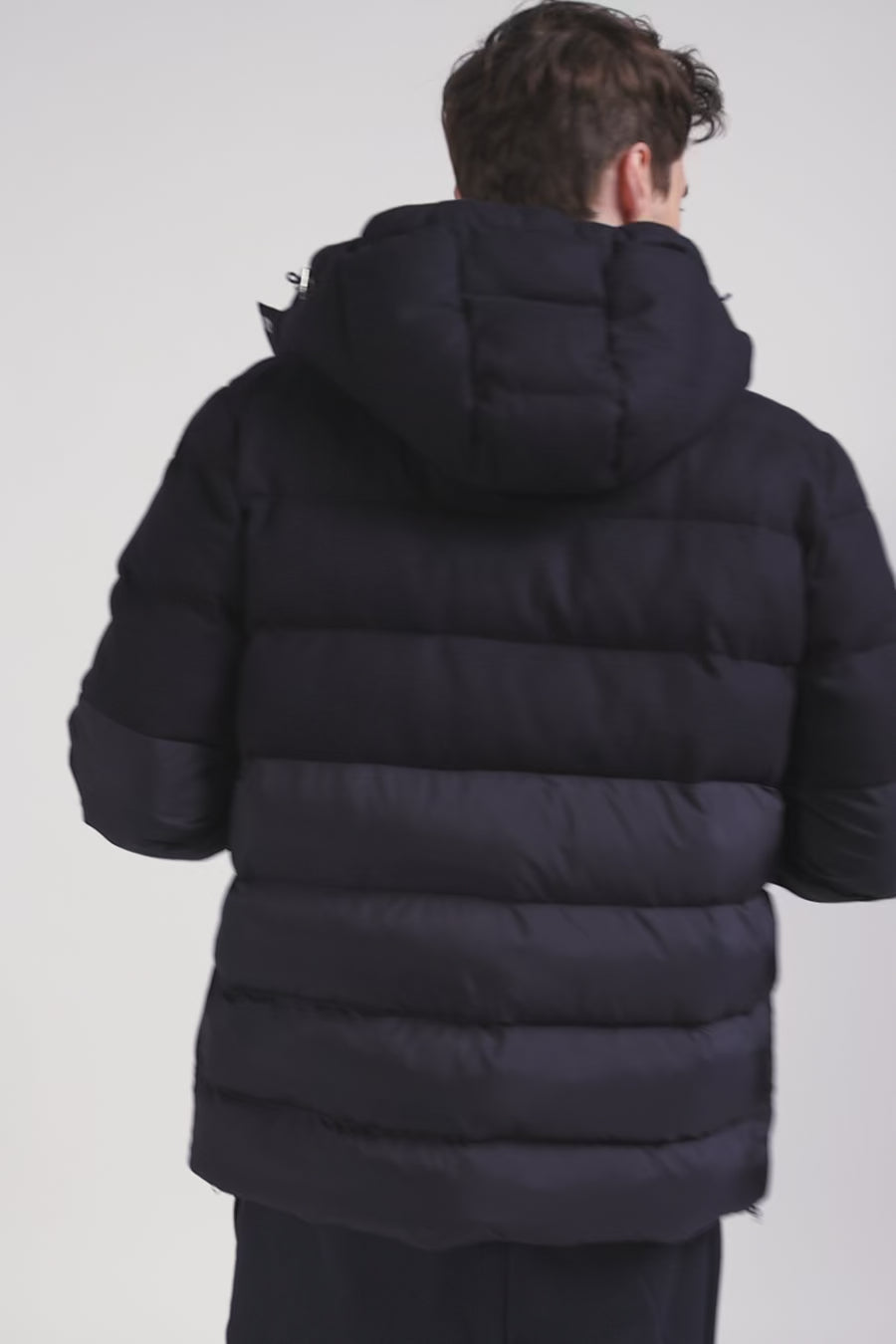 Navy blue flannel and nylon down jacket